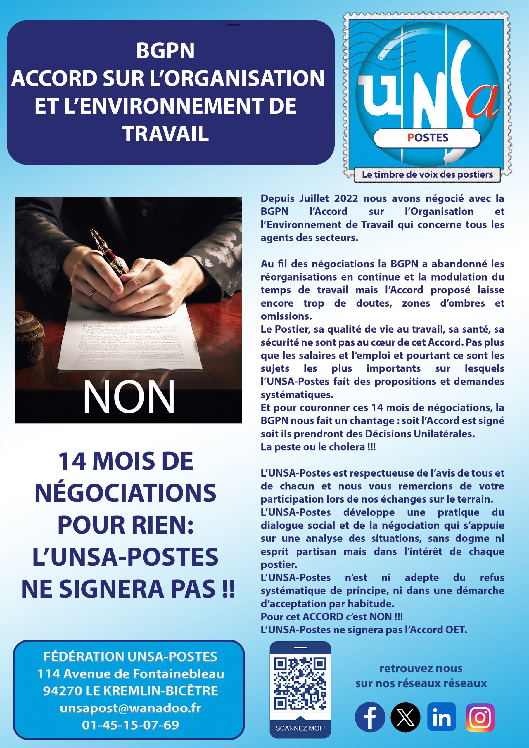 BGPN: ACCORD SUR L’ORGANISATION ET L’ENVIRONNEMENT DE TRAVAIL:  L’UNSA NE SIGNERA PAS