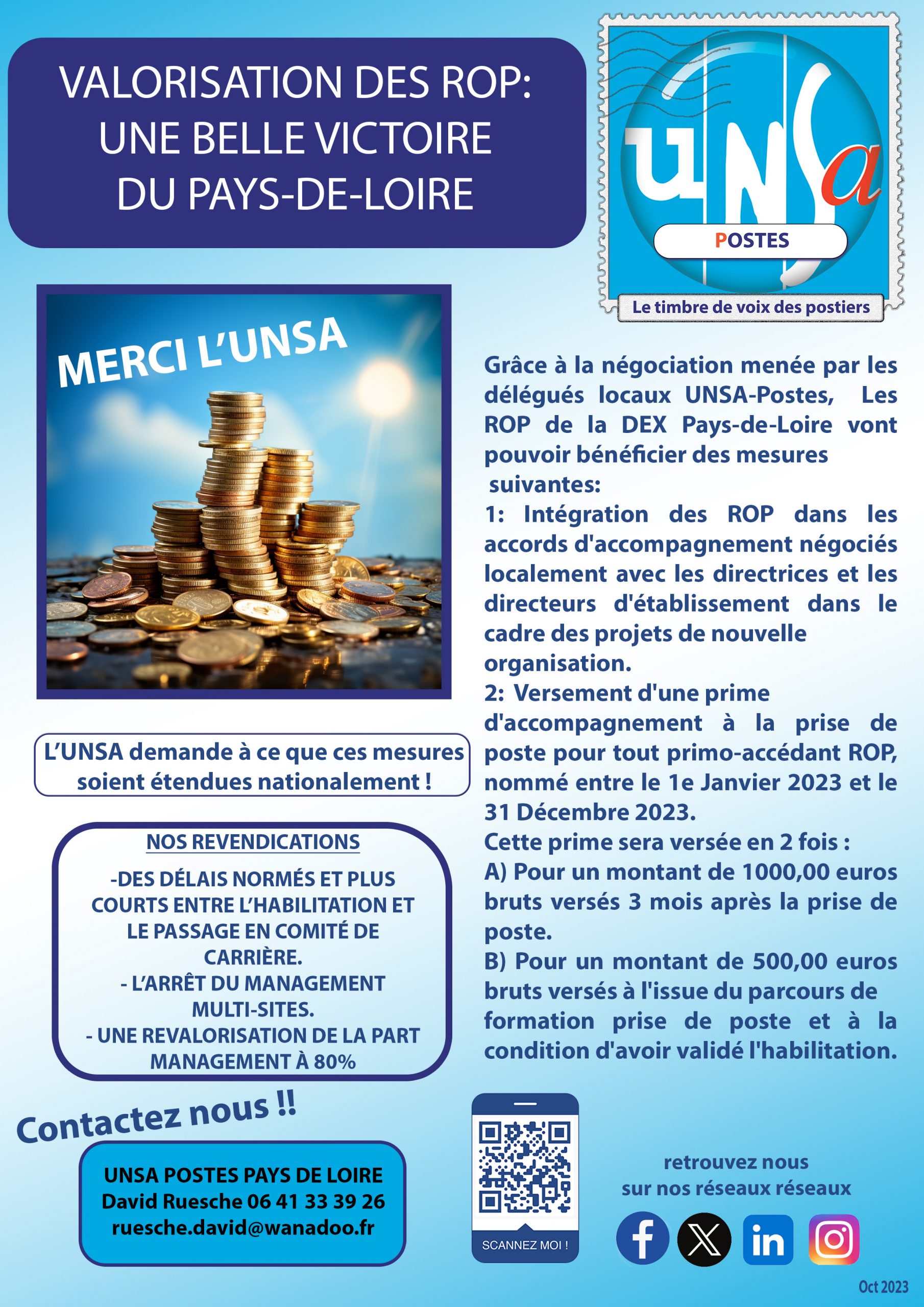 Valorisation des ROP: Une belle victoire pour l’UNSA-Postes Pays-de-Loire.