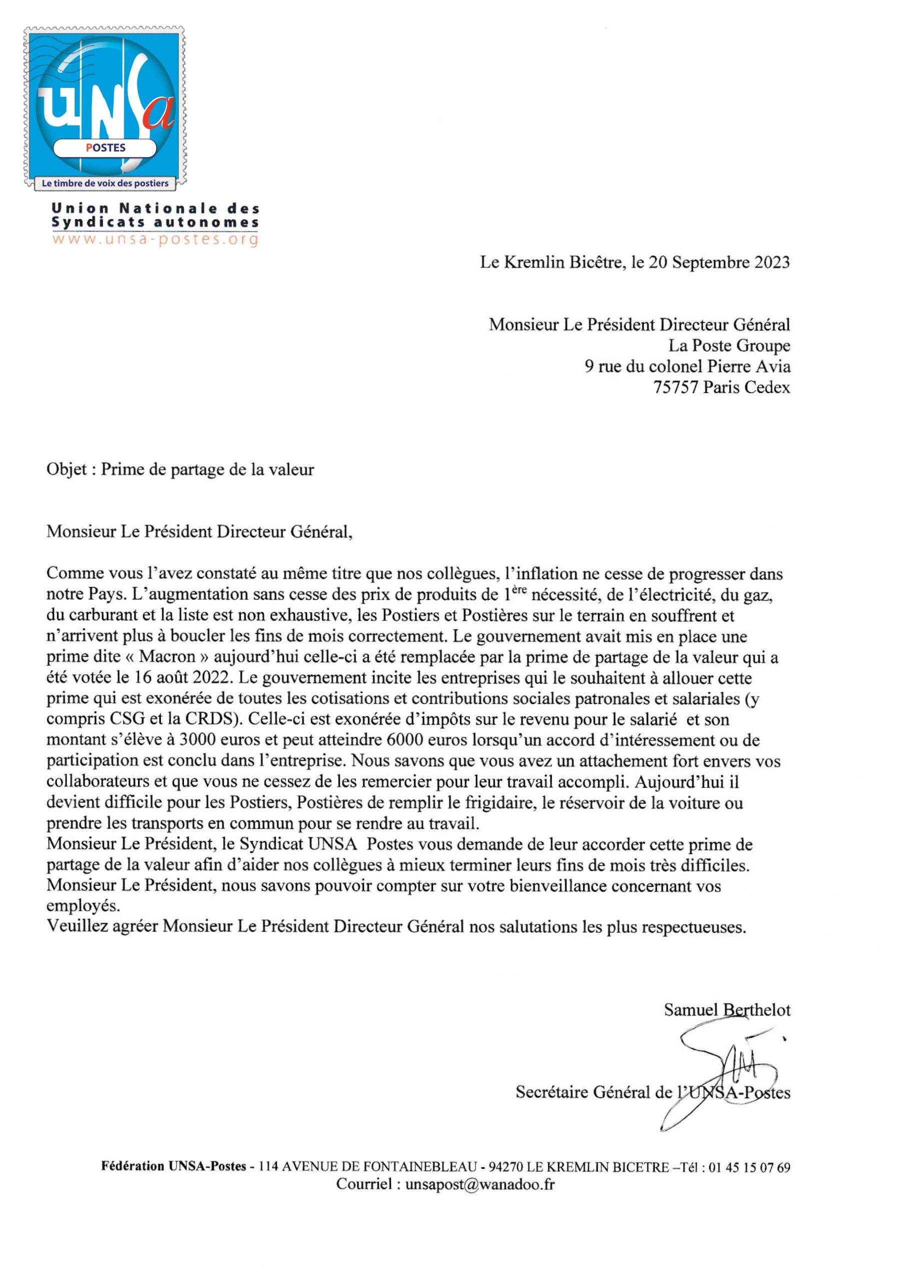 SAMUEL BERTHELOT INTERPELLE LE PDG DE LA POSTE POUR L’OCTROI D’UNE PRIME DE PARTAGE DE LA VALEUR