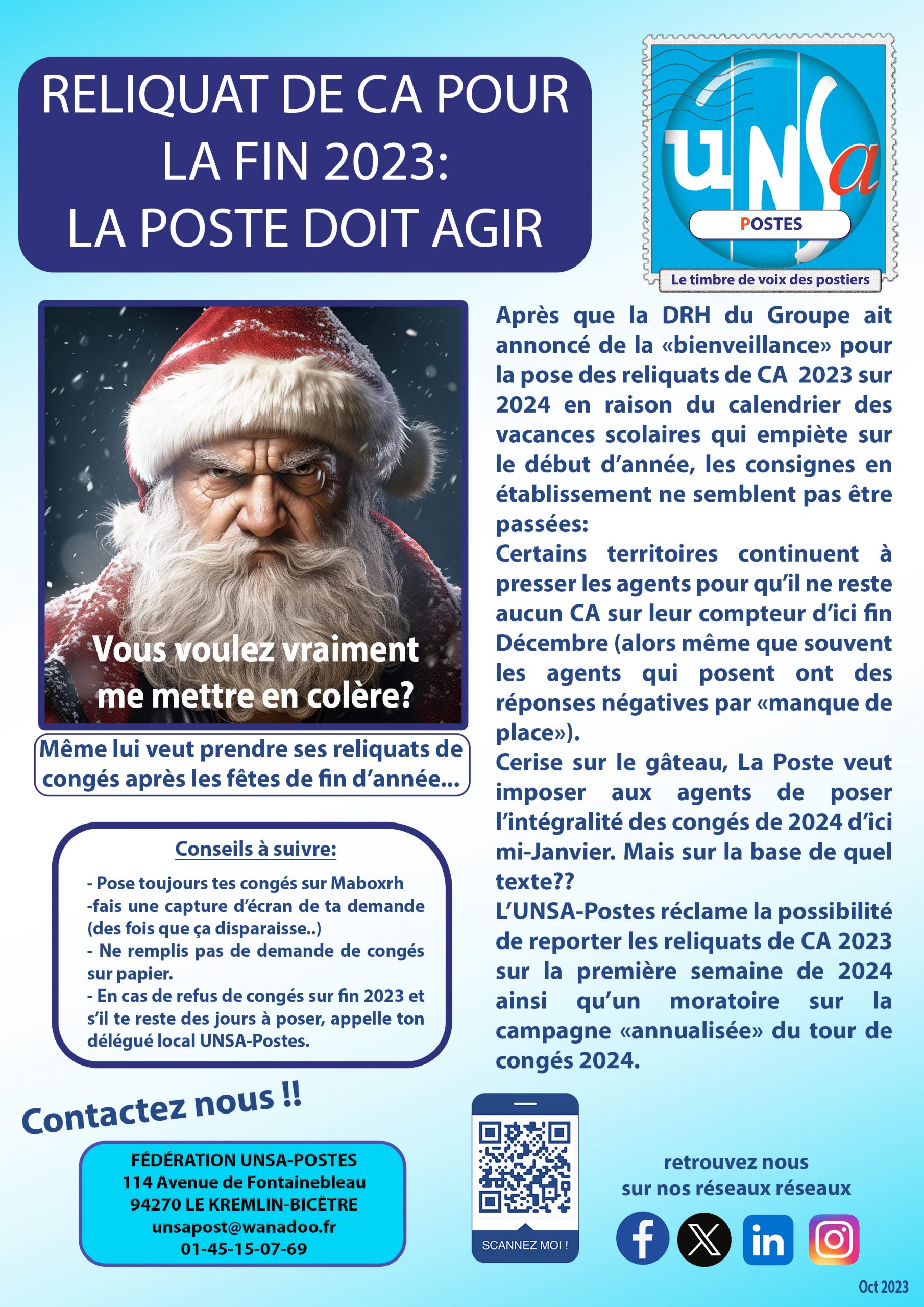 RELIQUAT DE CA 2023: l’UNSA DEMANDE LE REPORT POUR LES AGENTS QUI NE PEUVENT POSER LEURS CONGÉS EN FIN D’ANNÉE SUR LA PREMIERE SEMAINE DE JANVIER 2024