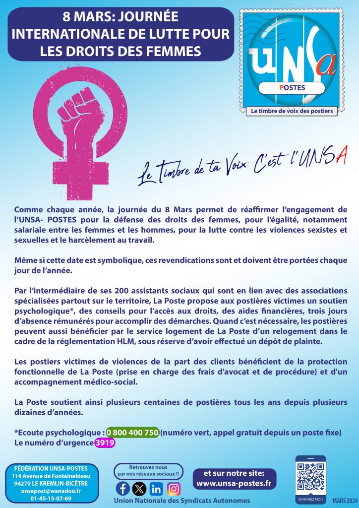 8 MARS 2024: La journée de lutte pour le droit des femmes: c’est 365 jours/an pour l’UNSA