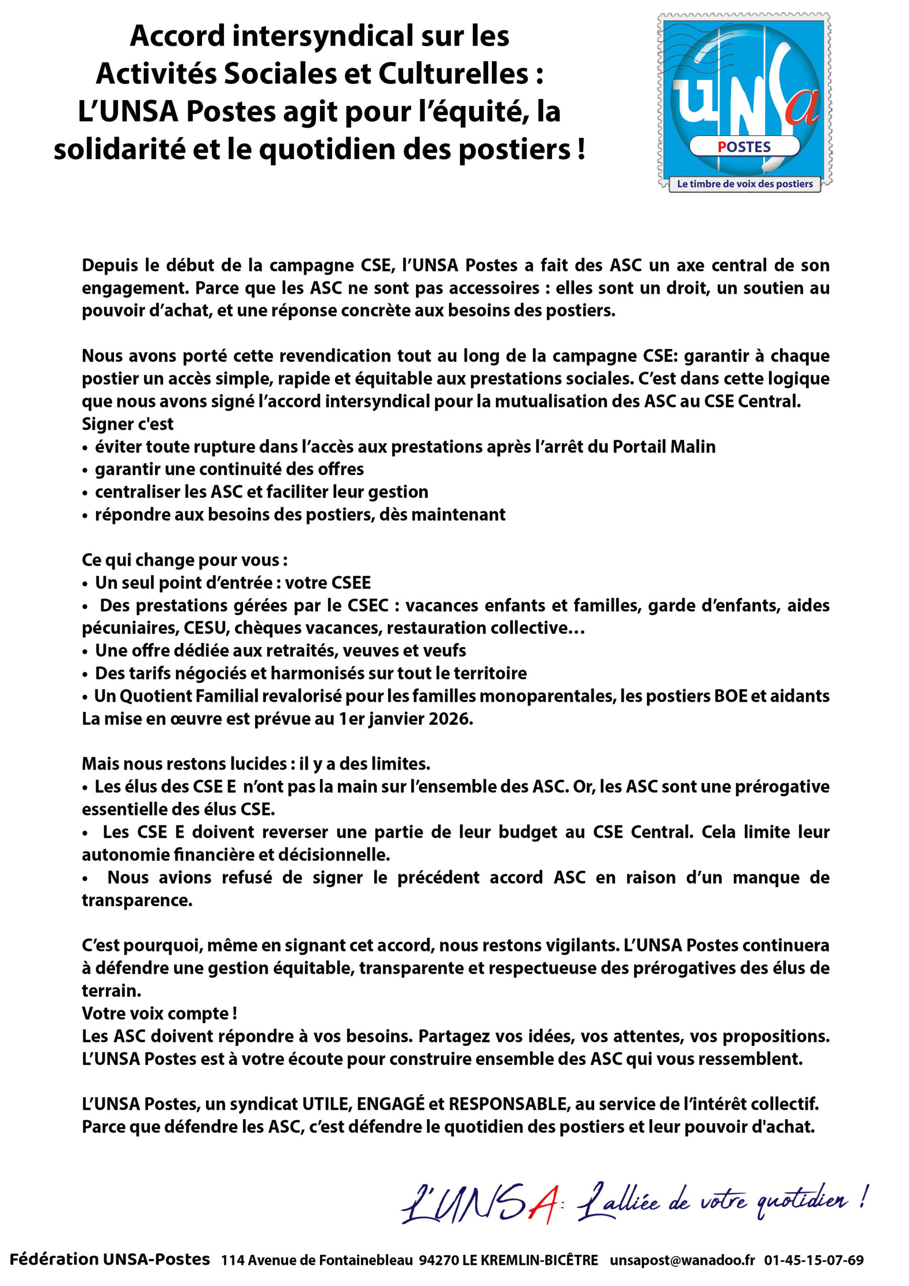 Accord intersyndical sur les Activités Sociales et Culturelles : L’UNSA Postes agit pour l’équité, la solidarité et le quotidien des postiers!