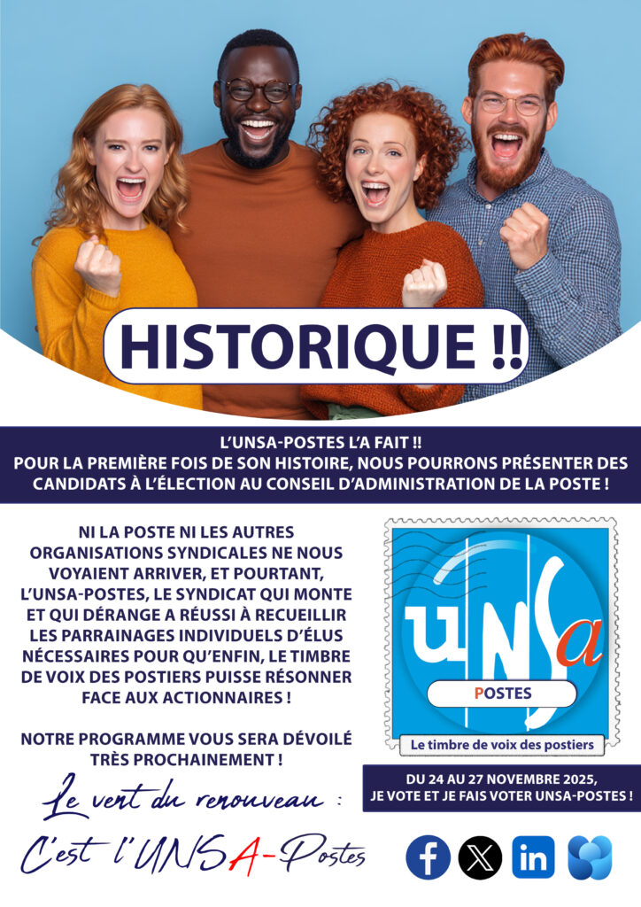 🚨Historique !!! L’UNSA-Postes pourra présenter des candidats à l’élection au conseil d’administration de La Poste 🩵