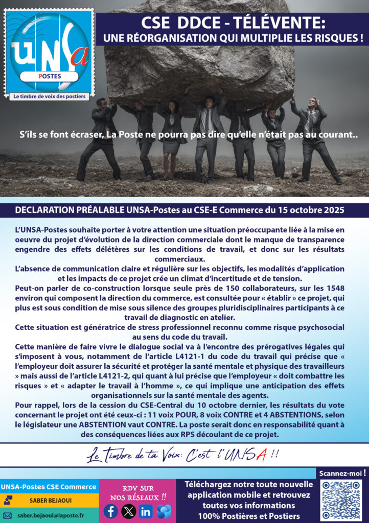 📢 CSE Commerce DDCE-Télévente:L’UNSA-Postes tire la sonnette d’alarme !Retrouvez la déclaration préalable de nos élus 👇#télévente#postiers#Postières#laposte