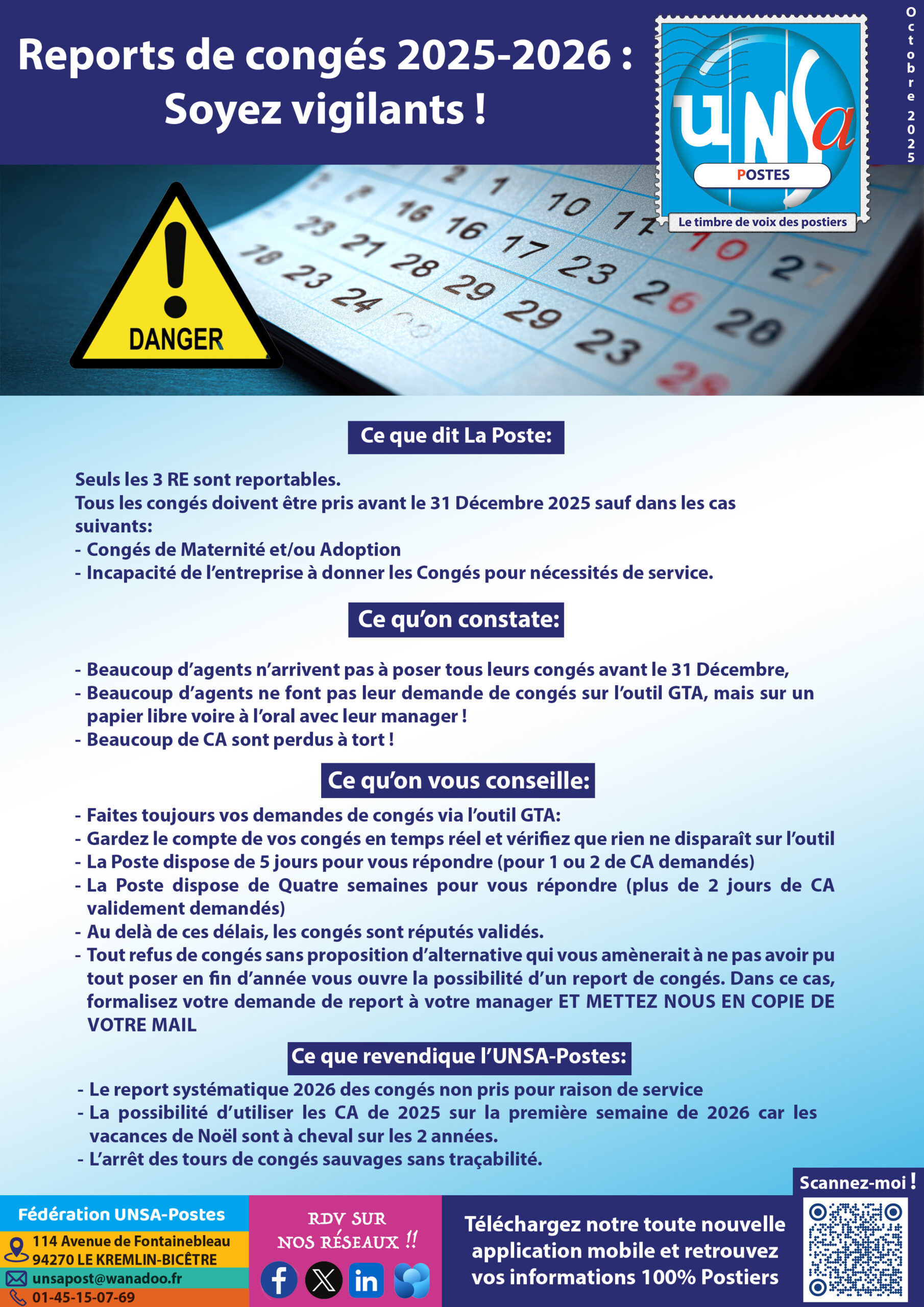 🚨Reports de congés 2025-2026 :L’UNSA Postes vous invite à la vigilance !!