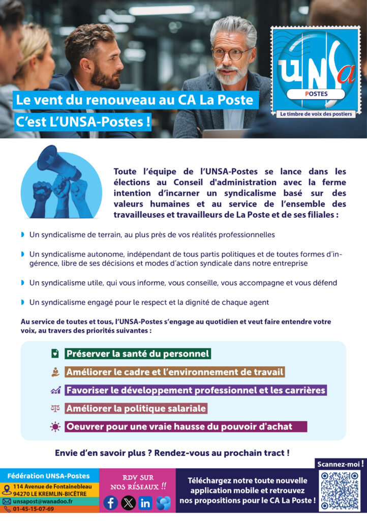 🚨Élections au Conseil d’administration de La Poste: Et si un vent de renouveau venait changer la donne ?Du 24 au 27 Novembre 2025: Ensemble, on vote et on fait voter UNSA Postes 🩵