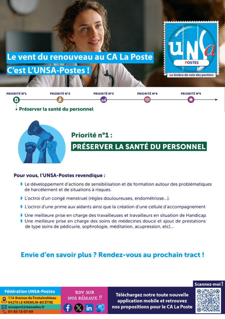 🚨Élection au CA de La Poste : Notre premier engagement : c’est votre santé ! Du 24 au 27 Novembre: Le vent du renouveau, c’est l’UNSA-Postes 🩵