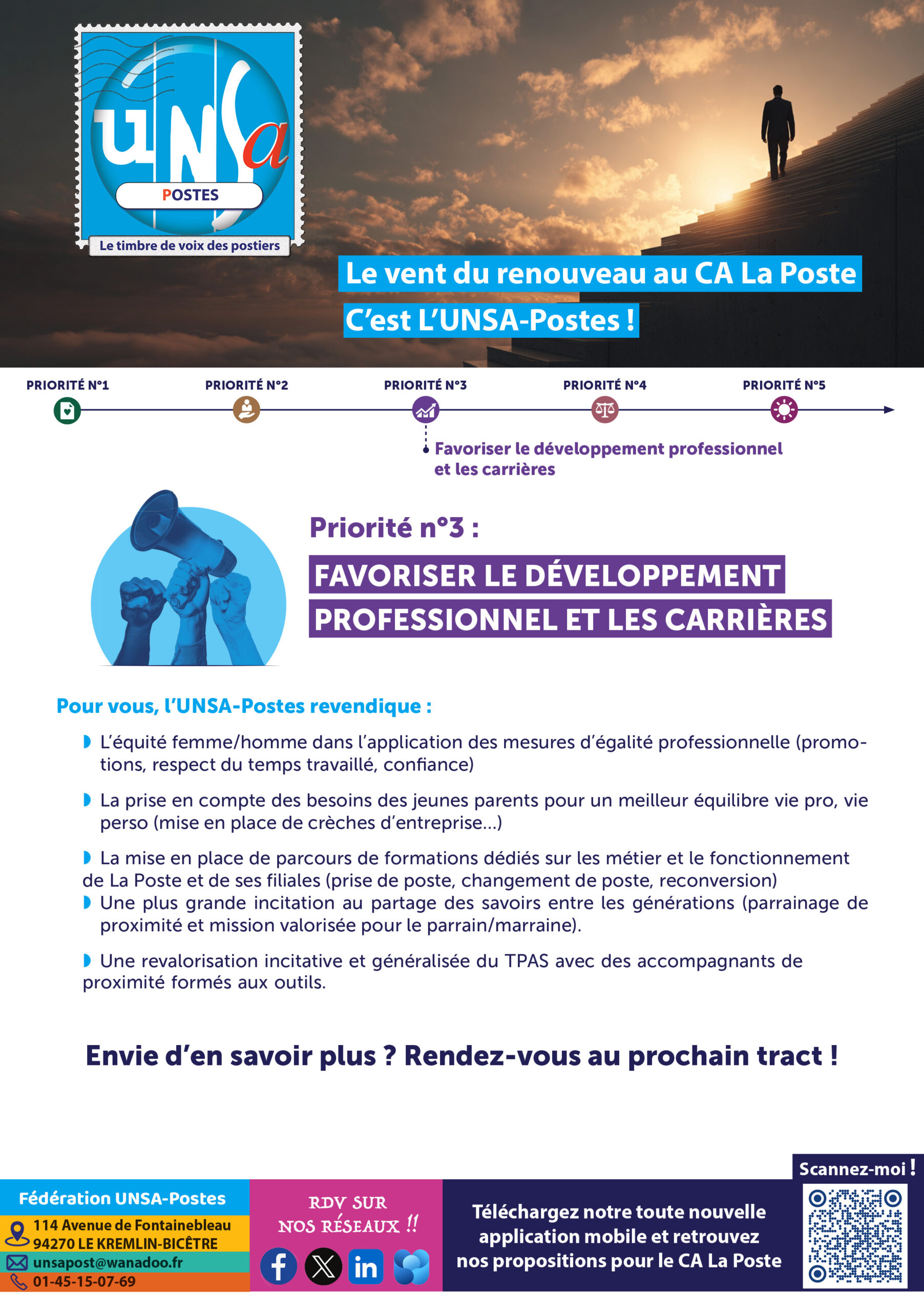 🚨Evolutions professionnelle et carrières , La Poste peut et doit faire mieux ! Nous avons des propositions concrètes et novatrices 👇👇 Alors , pour qu’un vent de renouveau souffle sur le Conseil d’Administration : Du 24 au 27 Novembre 2025, on vote et on fait voter UNSA Postes 🩵