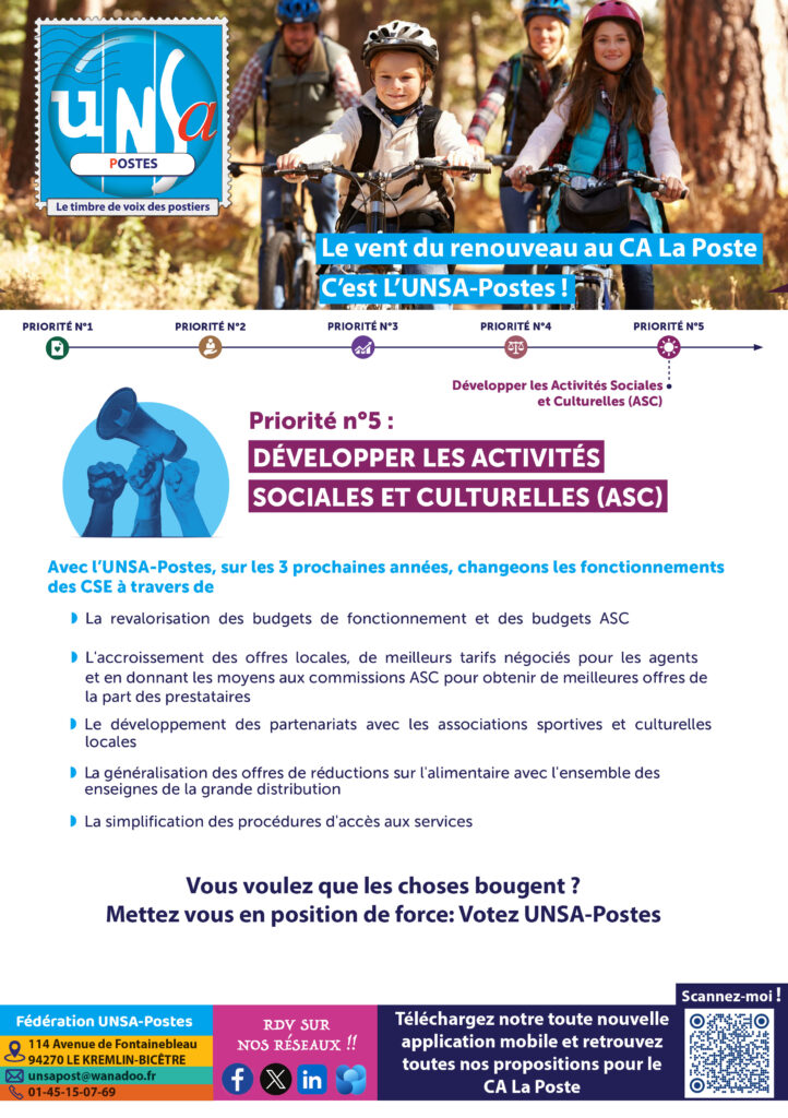 🚨Actions Sociales et Culturelles: Pour qu’un vent de renouveau souffle au Conseil d’Administration de La Poste: du 24 au 27 Novembre: On vote et on fait voter UNSA-Postes🩵