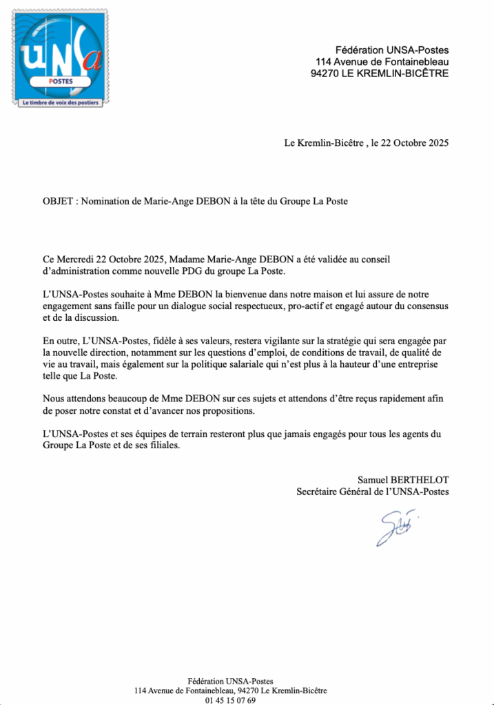 Nomination de Marie-Ange DEBON à la tête du groupe La Poste. Retrouvez le communiqué officiel de Samuel Berthelot, Secrétaire Général de la Fédération UNSA Postes