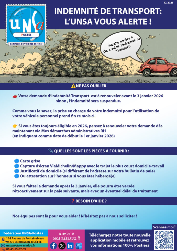 ℹ️ INDEMNITÉS DE TRANSPORT🚗: L’UNSA-POSTES VOUS ALERTE 🔔