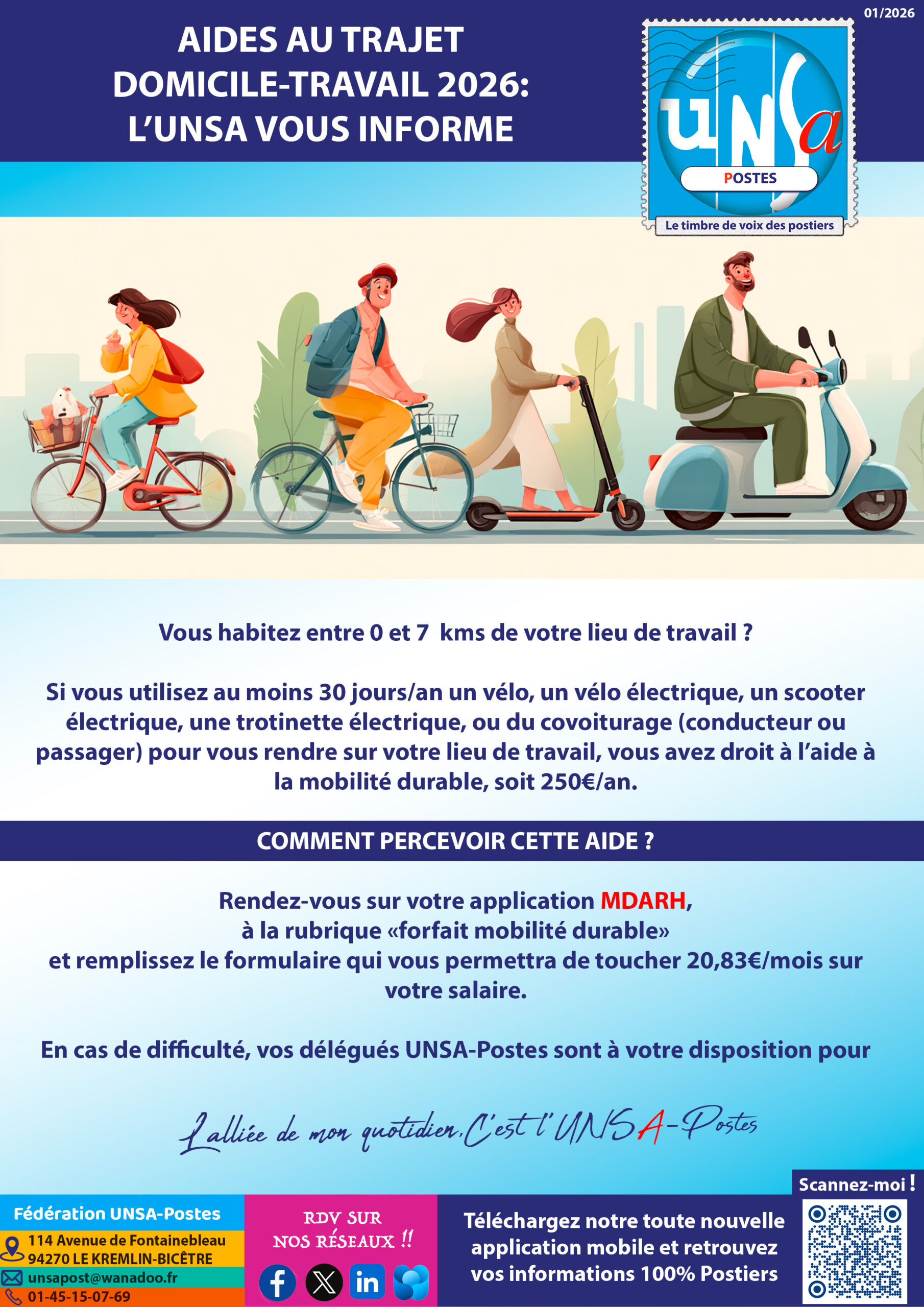 ℹ️Aide à la mobilité durable 🛴: l&rsquo;UNSA Postes vous informe !