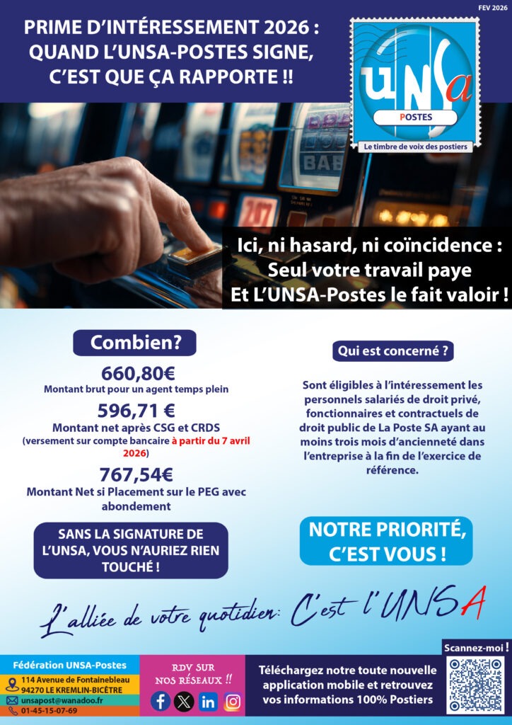 🚨Prime d&rsquo;intéressement 2026: Quand L&rsquo;UNSA Postes signe un accord, ça rapporte !!