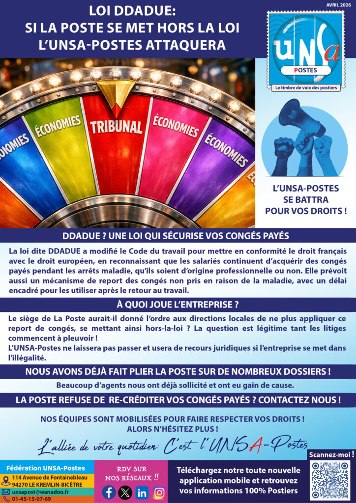 🚨Loi DDADUE: Si La Poste se met hors la loi et met vos droits à congés en péril, l&rsquo;UNSA-Postes attaquera