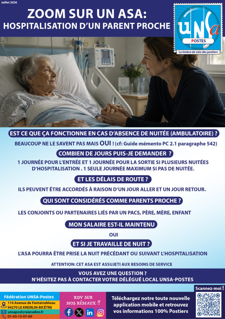Zoom sur un ASA : Hospitalisation d&rsquo;un parent proche: L&rsquo;UNSA-Postes vous informe ℹ️