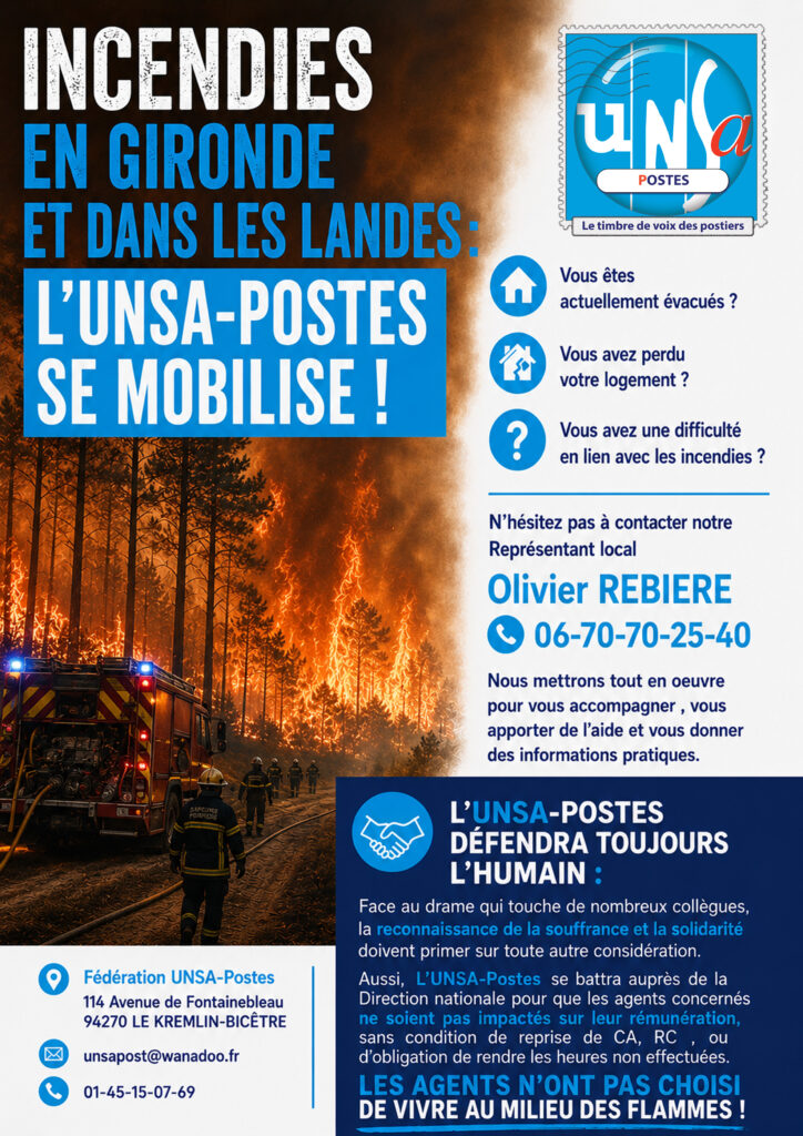 INCENDIES EN GIRONDE ET DANS LES LANDES: L&rsquo;UNSA-POSTES SE MOBILISE !