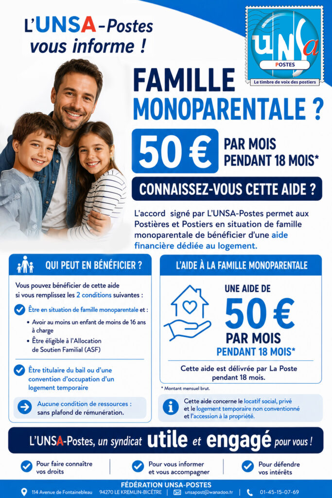 🧑‍🧒‍🧒 FAMILLE MONOPARENTALE : CONNAISSEZ-VOUS CETTE AIDE AU LOGEMENT ? L&rsquo;UNSA-POSTES VOUS INFORME ℹ️