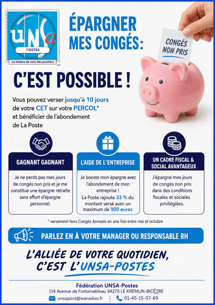 💶 VERSER DEPUIS SON CET SUR SON PERCOL ? OUI C&rsquo;EST POSSIBLE ! L&rsquo;UNSA-POSTES VOUS INFORME !