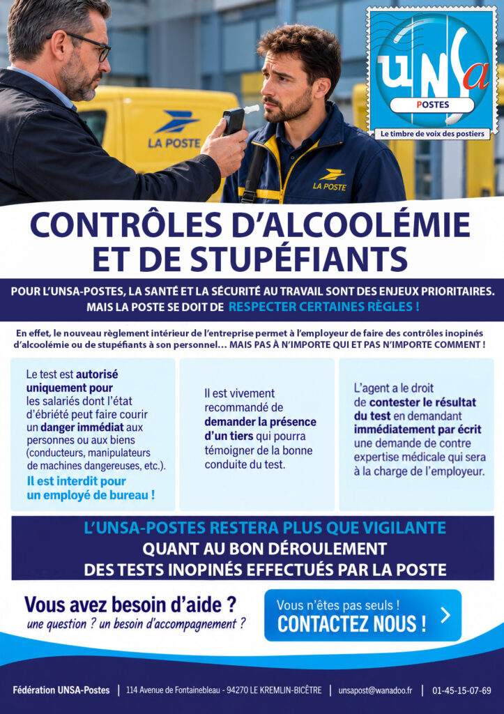 CONTRÔLES ALCOOLÉMIE ET STUPÉFIANTS: LA POSTE DOIT RESPECTER LES RÈGLES !